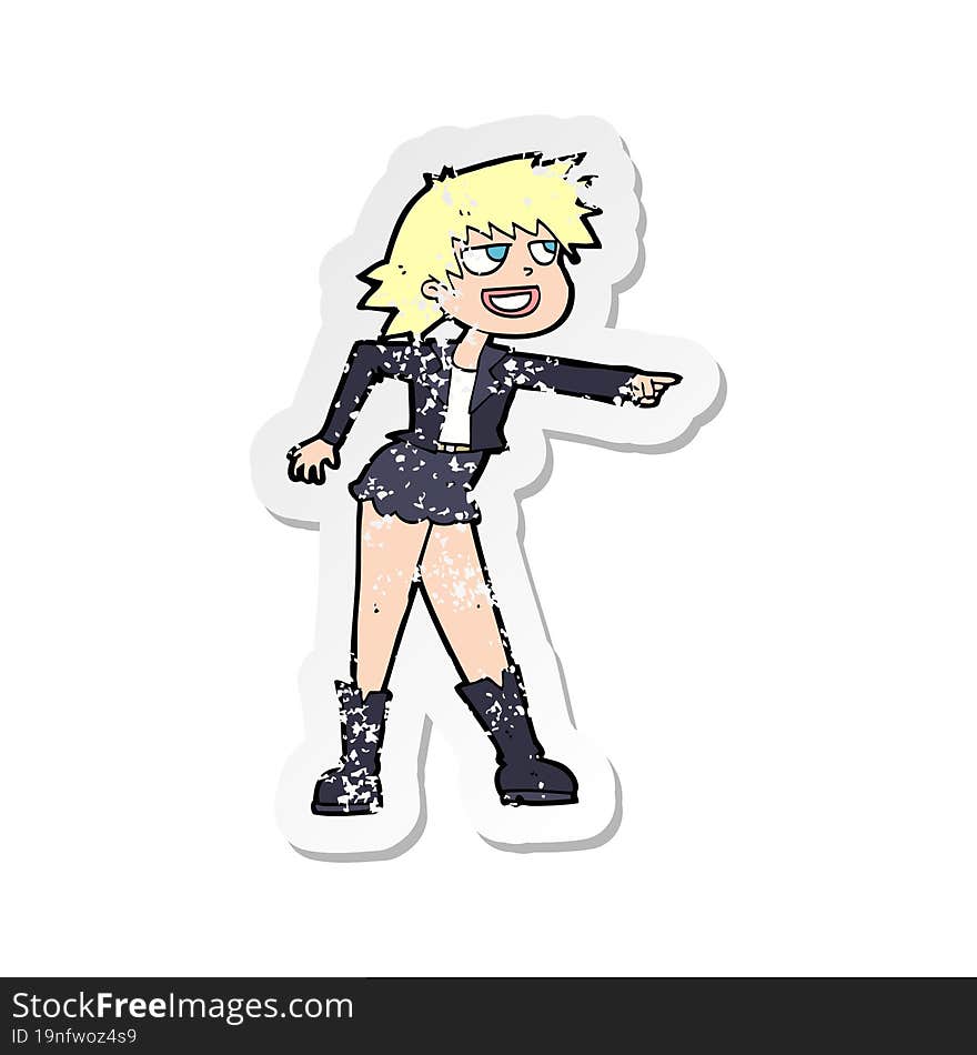 retro distressed sticker of a cartoon woman pointing