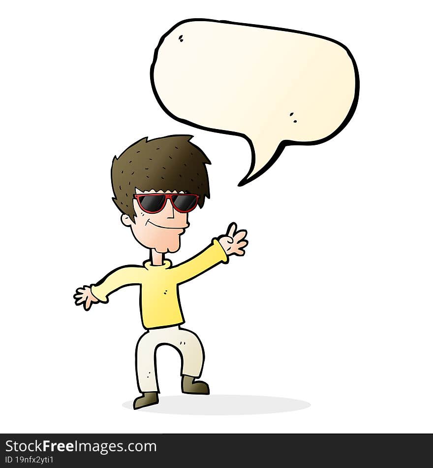 cartoon waving cool guy with speech bubble