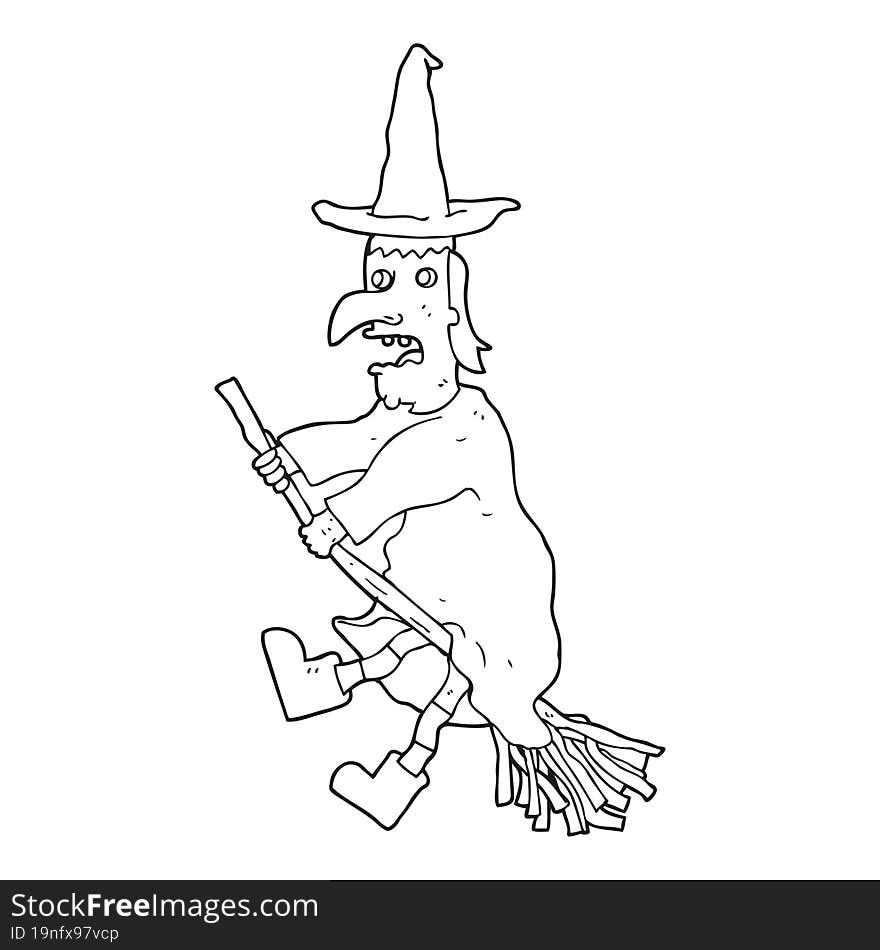 black and white cartoon witch flying on broom