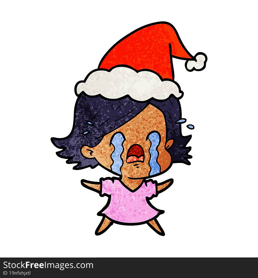 textured cartoon of a woman crying wearing santa hat