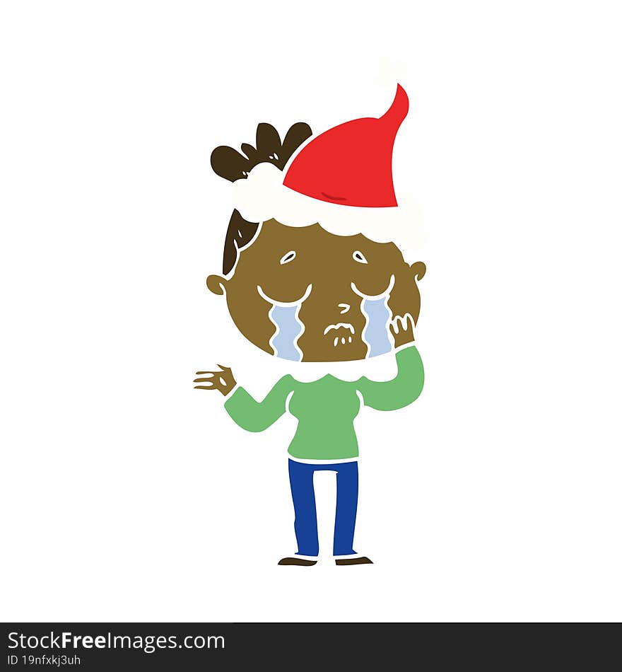 Flat Color Illustration Of A Crying Woman Wearing Santa Hat