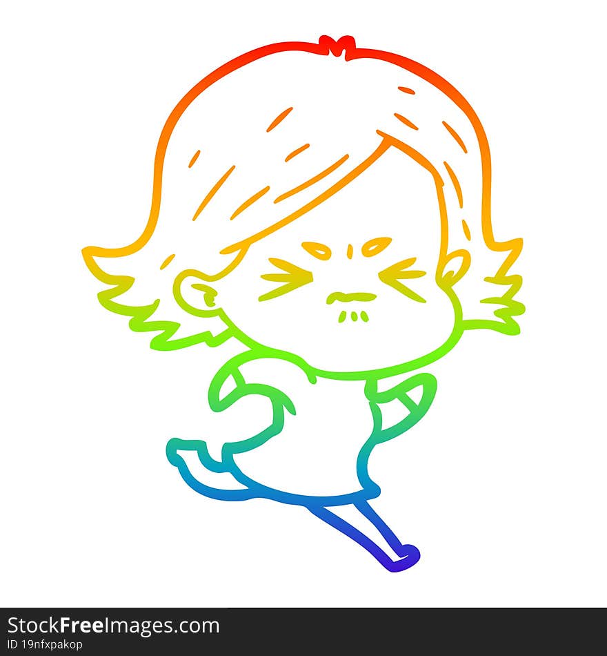 rainbow gradient line drawing of a cartoon angry girl