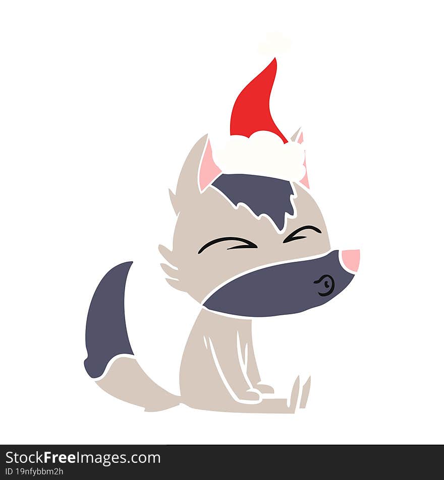 flat color illustration of a wolf whistling wearing santa hat