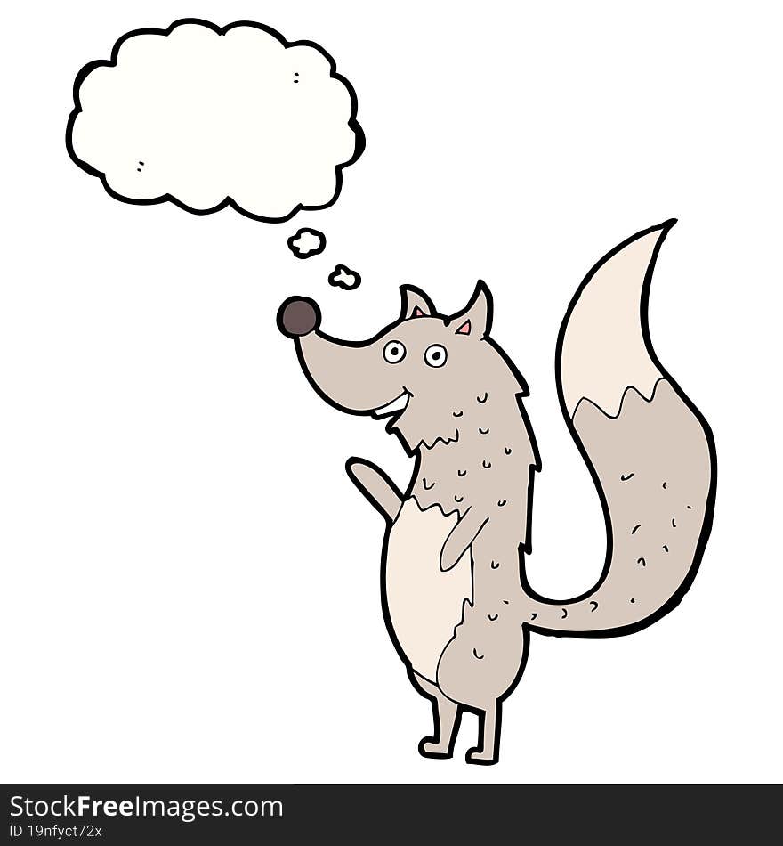 cartoon waving wolf with thought bubble