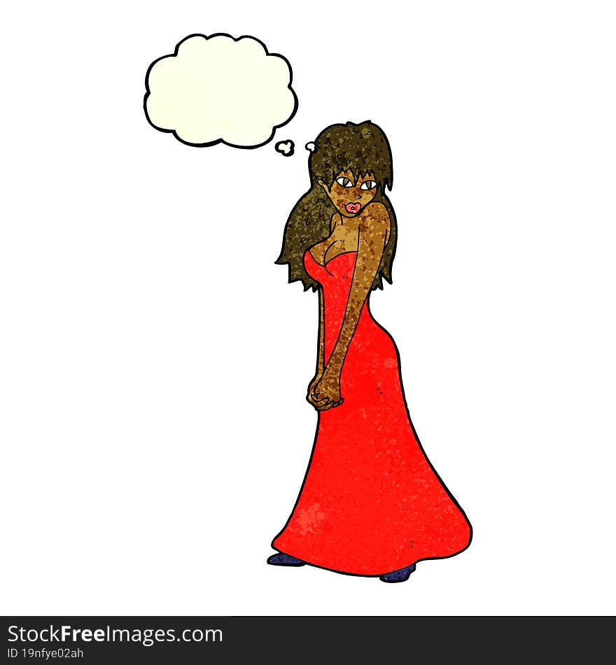 cartoon pretty woman in dress with thought bubble