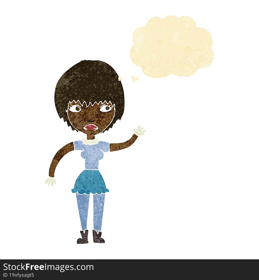 cartoon waving woman with thought bubble