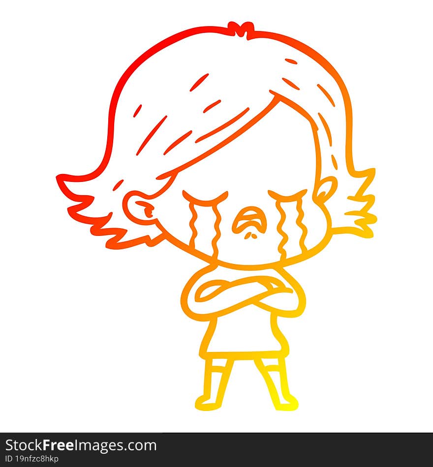 warm gradient line drawing of a cartoon girl crying