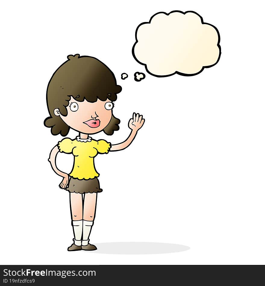 cartoon waving woman with thought bubble