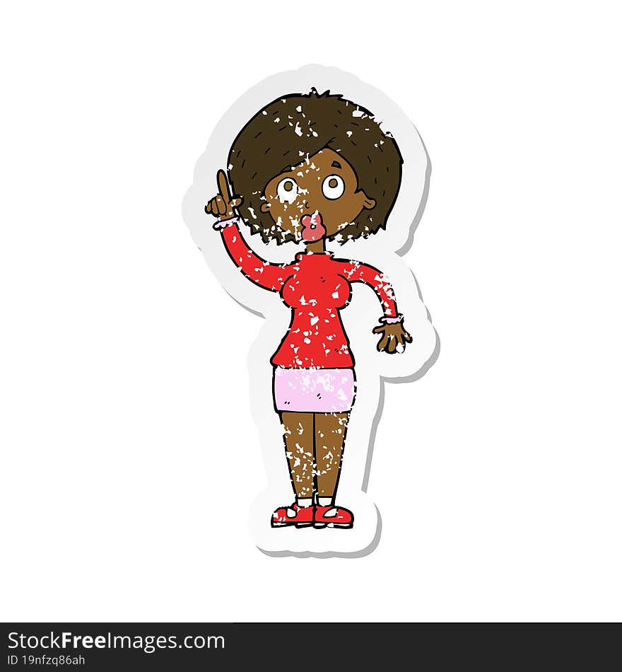 retro distressed sticker of a cartoon woman with idea