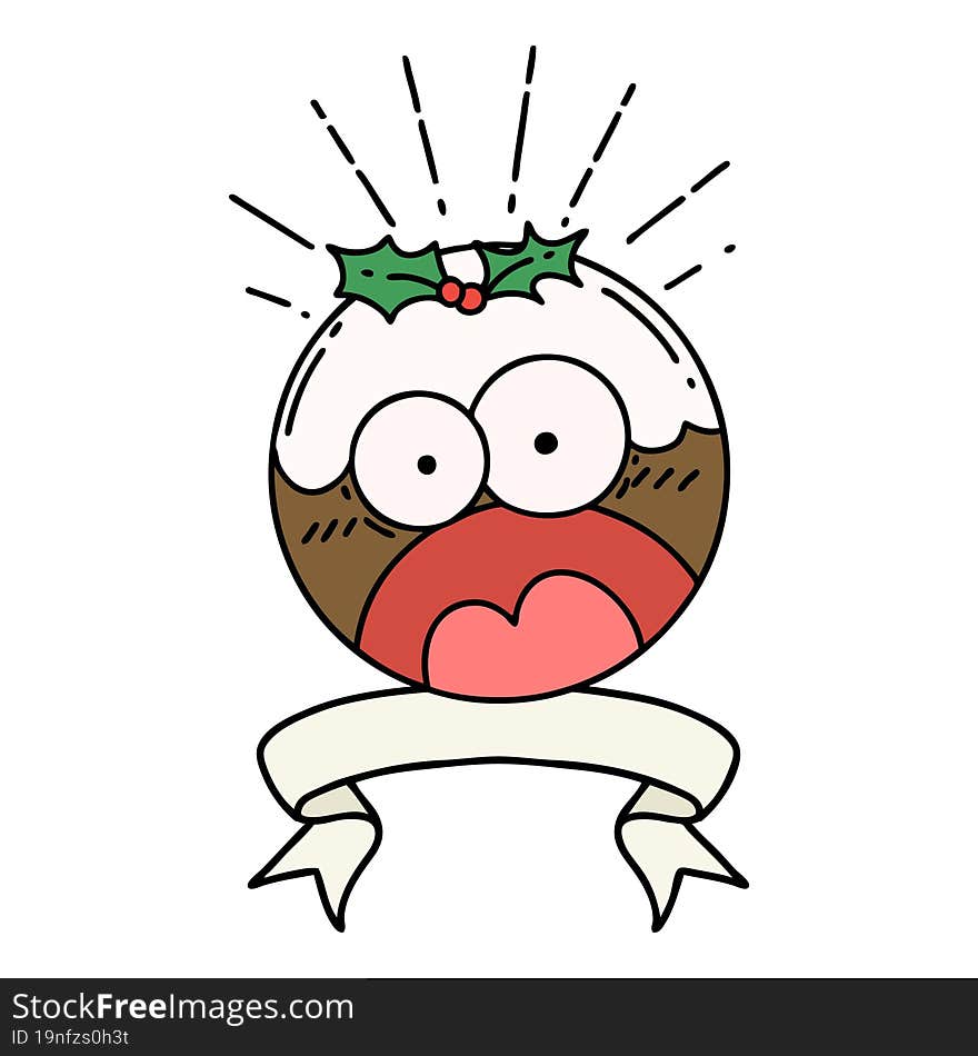 banner with tattoo style shocked christmas pudding