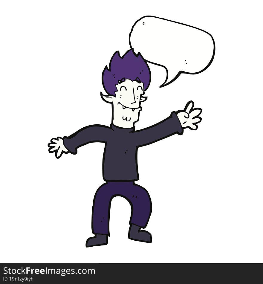 cartoon happy vampire man with speech bubble