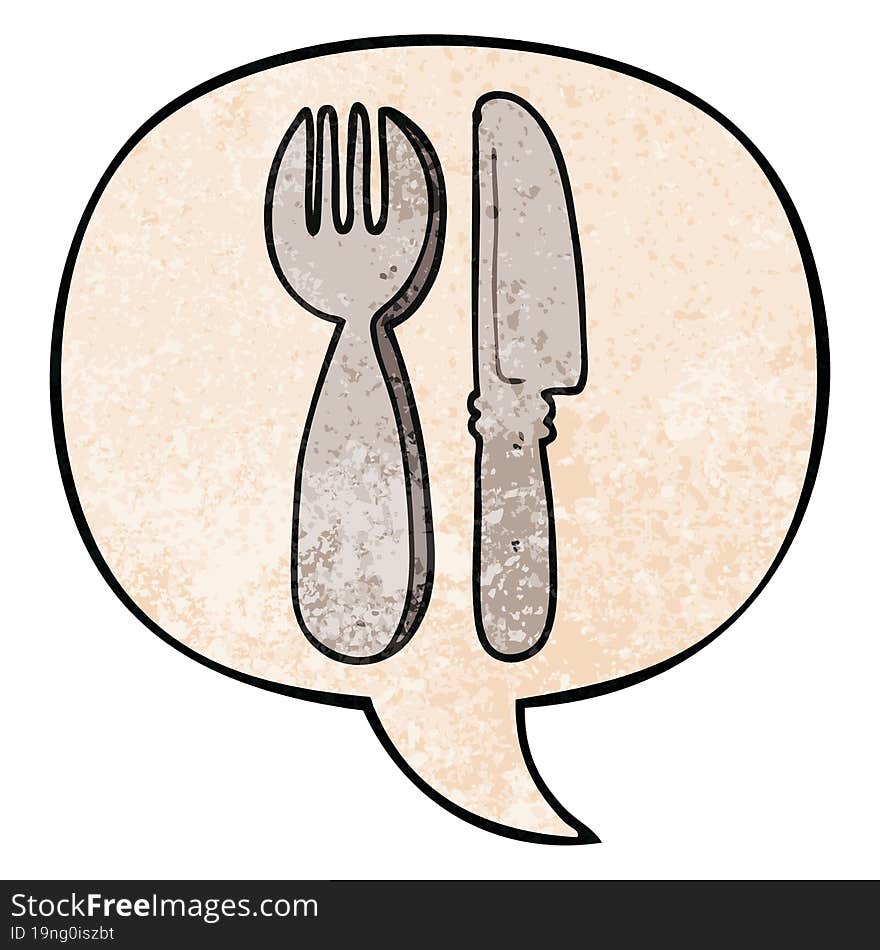 cartoon knife and fork with speech bubble in retro texture style