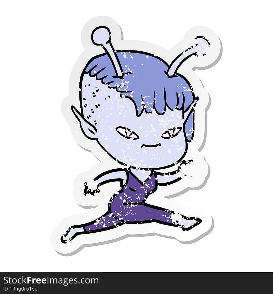 distressed sticker of a cute cartoon alien girl