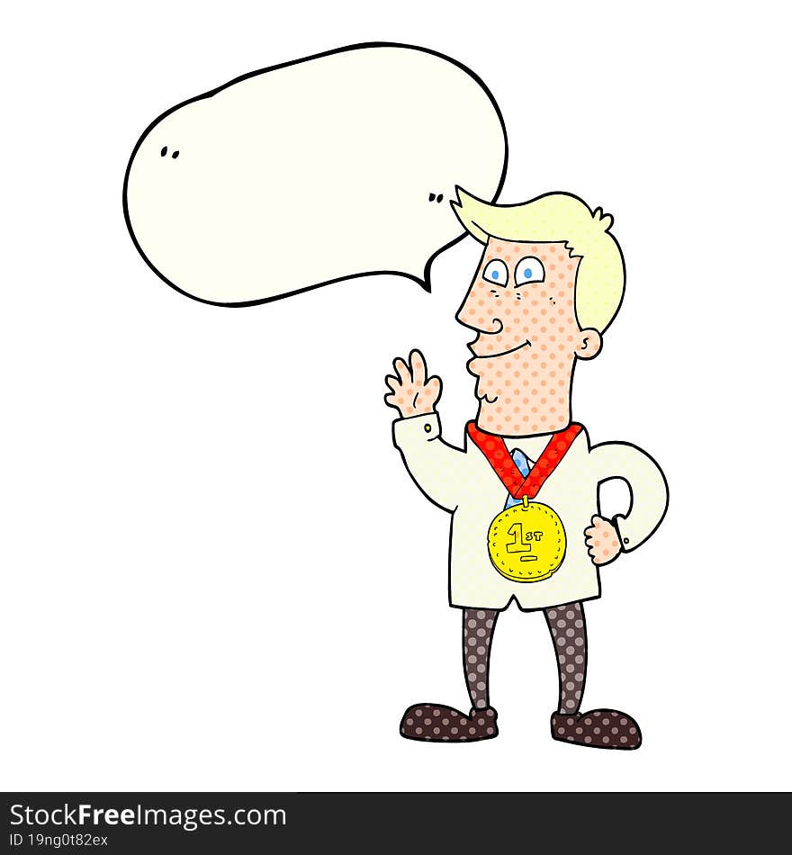 Comic Book Speech Bubble Cartoon Waving Man With Award