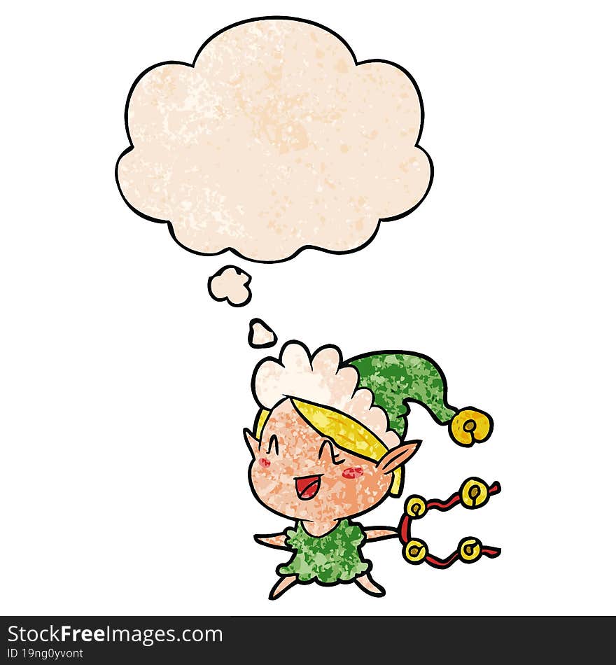 Cartoon Happy Christmas Elf And Thought Bubble In Grunge Texture Pattern Style