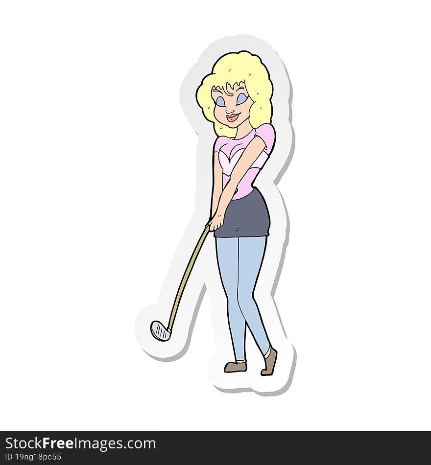 sticker of a cartoon woman playing golf