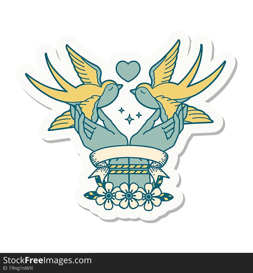 tattoo style sticker with banner of tied hands and swallows