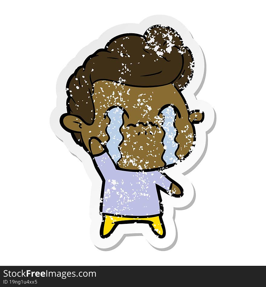 distressed sticker of a cartoon man crying