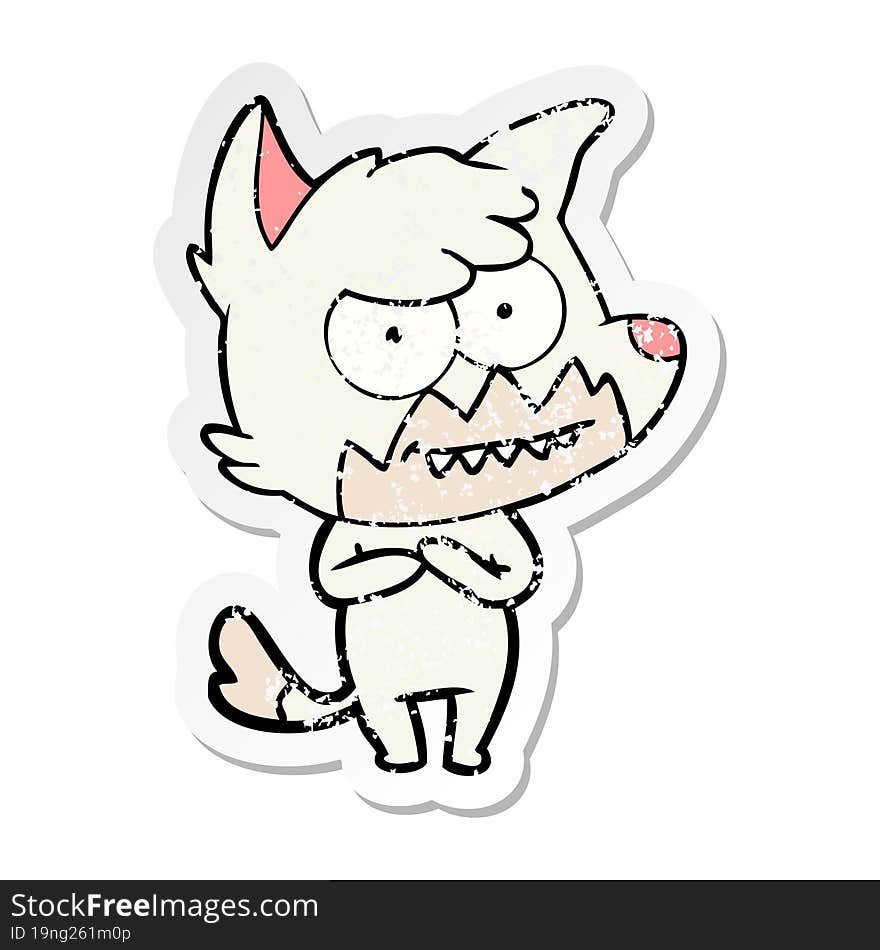 distressed sticker of a cartoon grinning fox