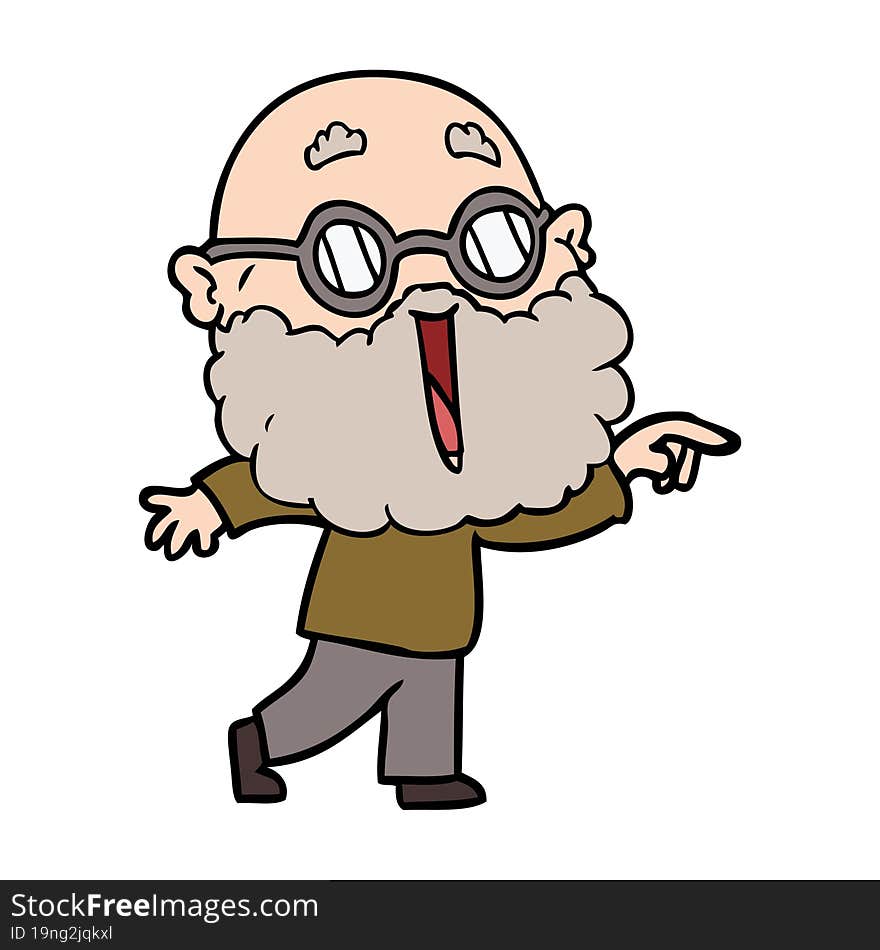 cartoon joyful man with beard pointing finger. cartoon joyful man with beard pointing finger