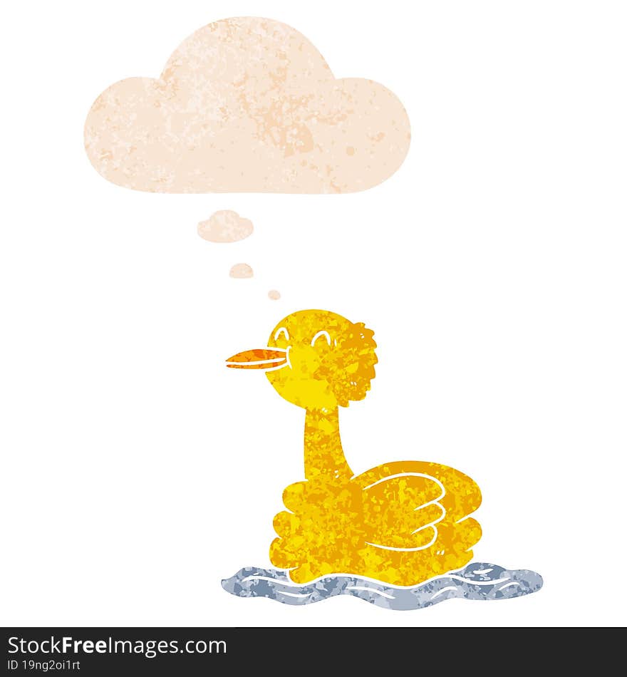 cartoon duck and thought bubble in retro textured style