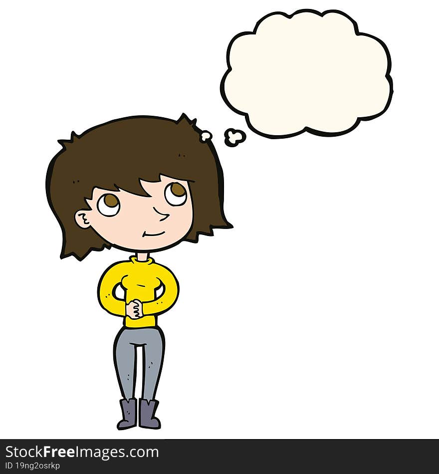 cartoon friendly woman with thought bubble