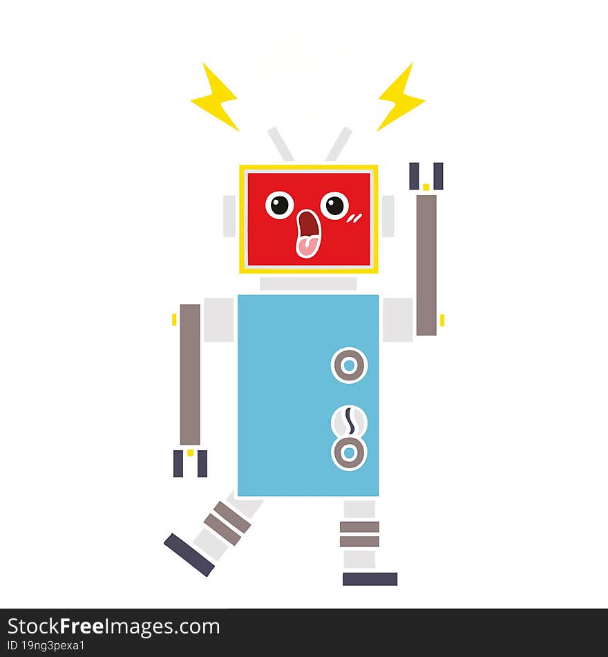 flat color retro cartoon of a robot malfunction