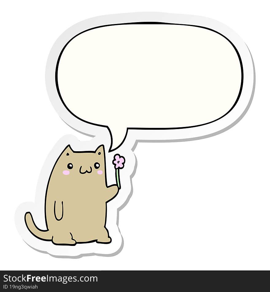 cute cartoon cat with flower with speech bubble sticker. cute cartoon cat with flower with speech bubble sticker