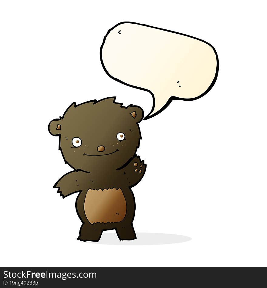 cartoon waving black bear cub with speech bubble