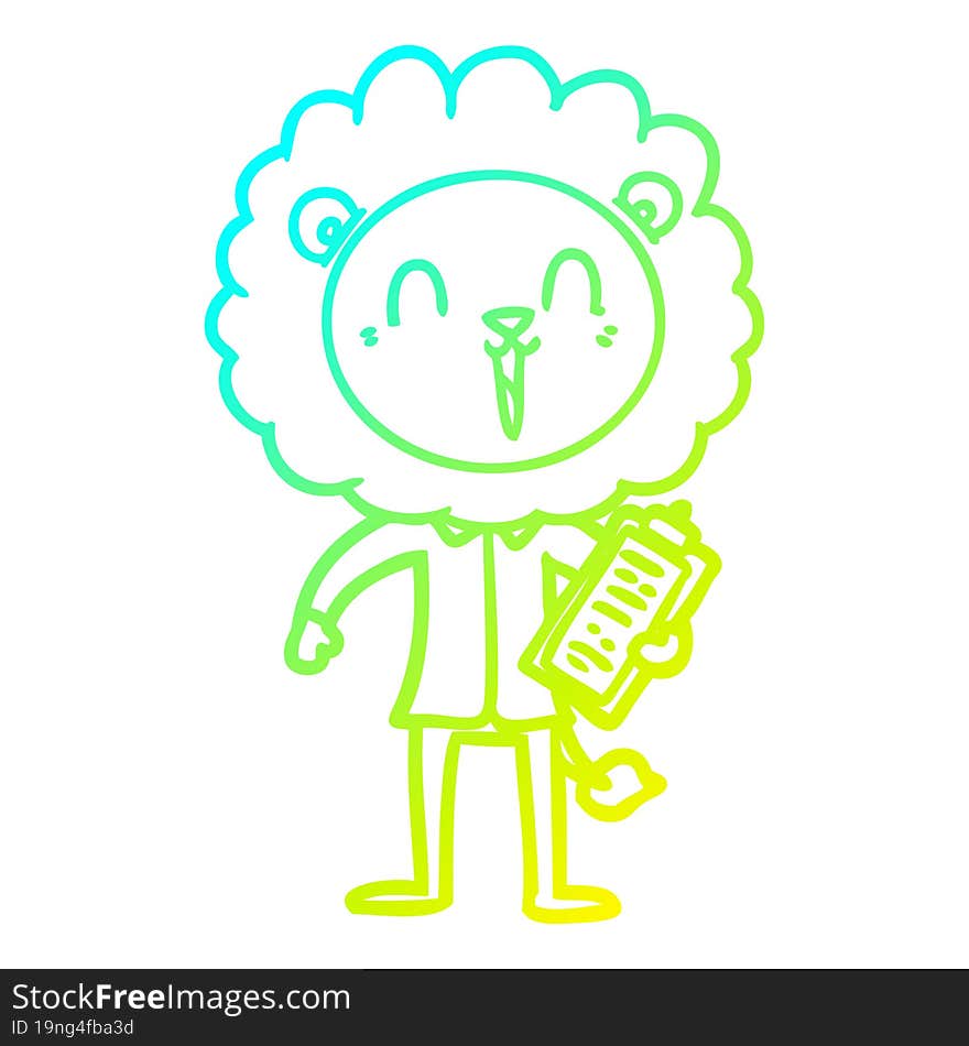 cold gradient line drawing of a laughing lion cartoon