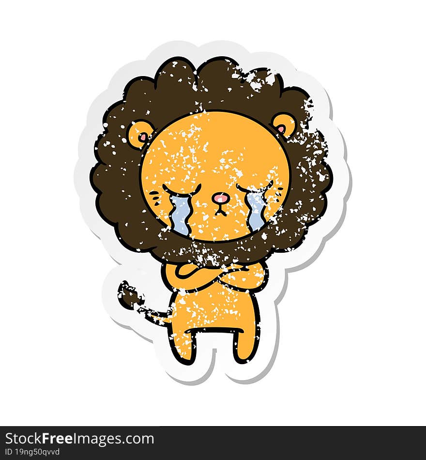 distressed sticker of a crying cartoon lion