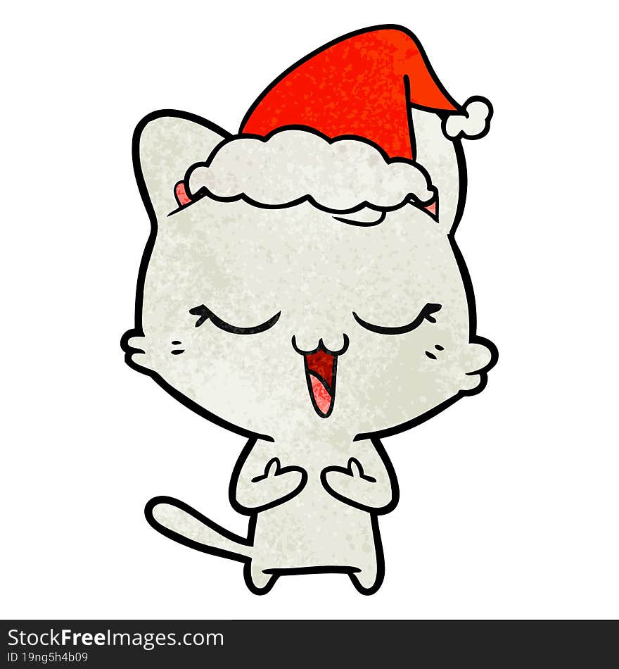 Happy Textured Cartoon Of A Cat Wearing Santa Hat