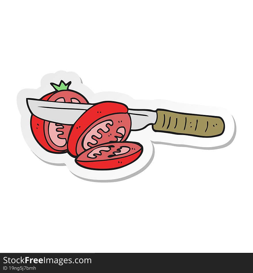 Sticker Of A Cartoon Knife Slicing A Tomato