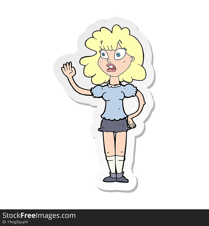 sticker of a cartoon worried woman waving