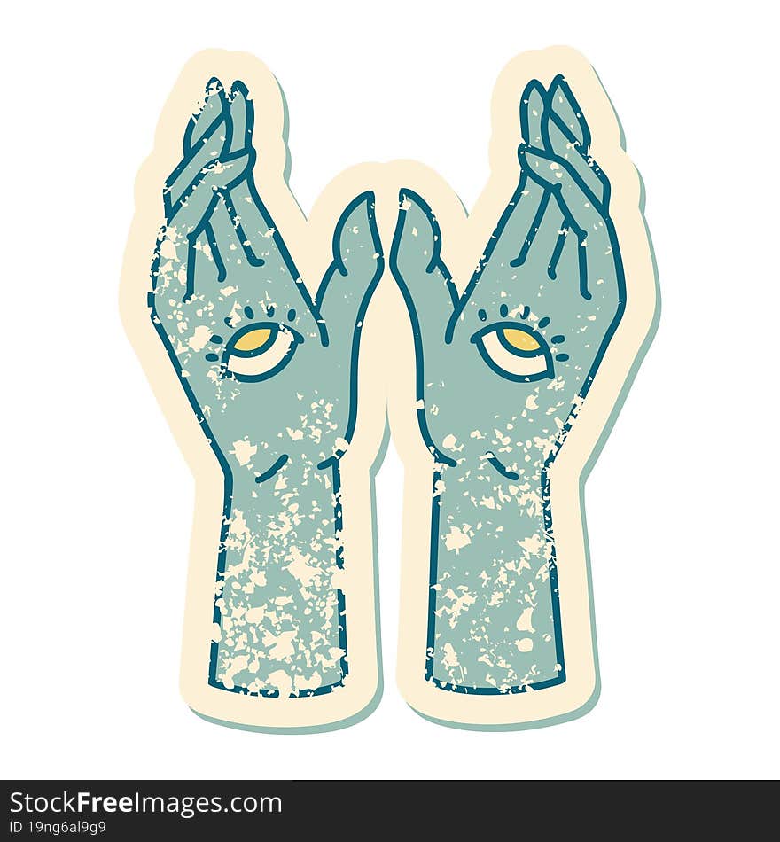 Distressed Sticker Tattoo Style Icon Of Mystic Hands