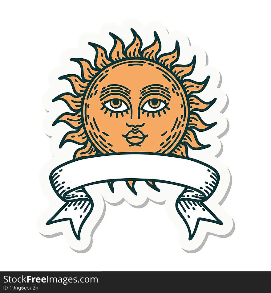 tattoo sticker with banner of a sun with face