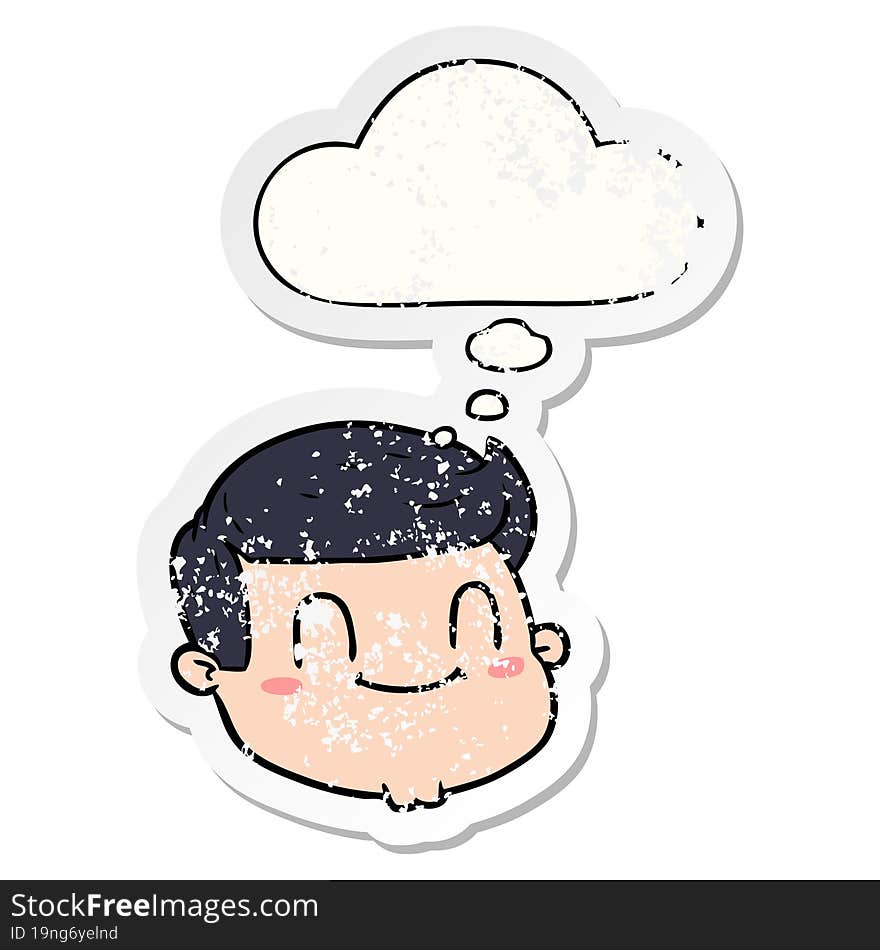 cartoon male face and thought bubble as a distressed worn sticker