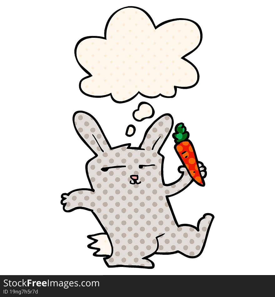 cartoon rabbit with carrot with thought bubble in comic book style