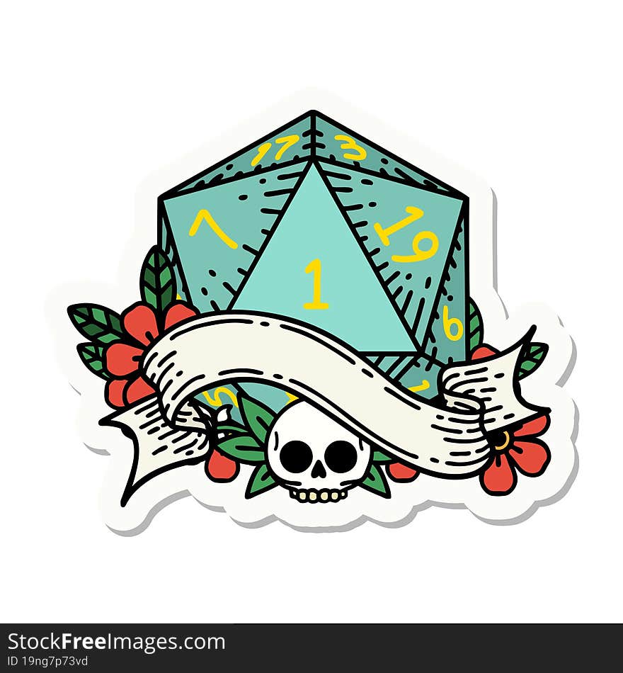 sticker of a natural one d20 dice roll. sticker of a natural one d20 dice roll