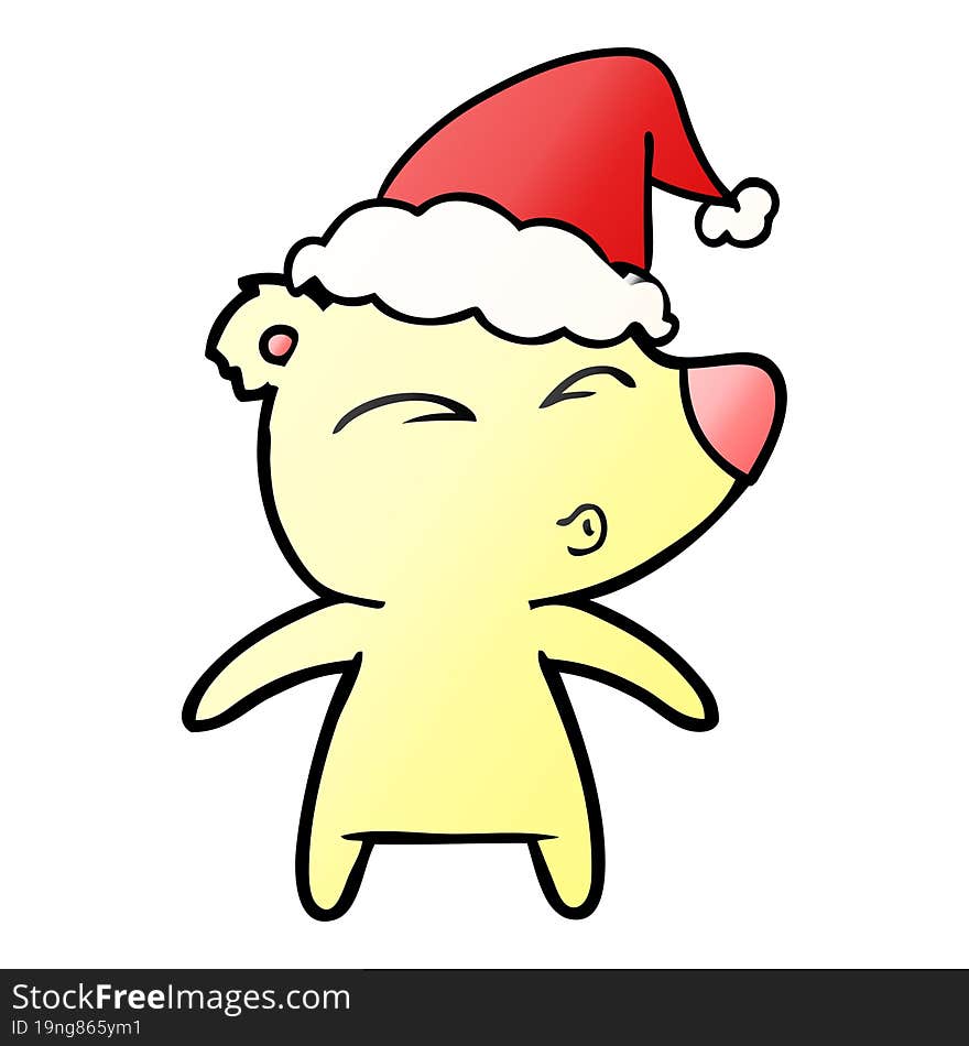 gradient cartoon of a whistling bear wearing santa hat