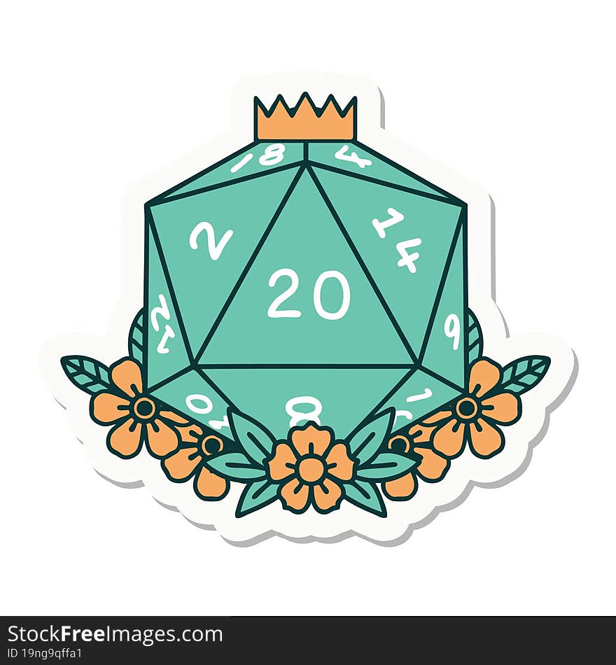 Natural 20 D20 Dice Roll With Floral Elements Sticker