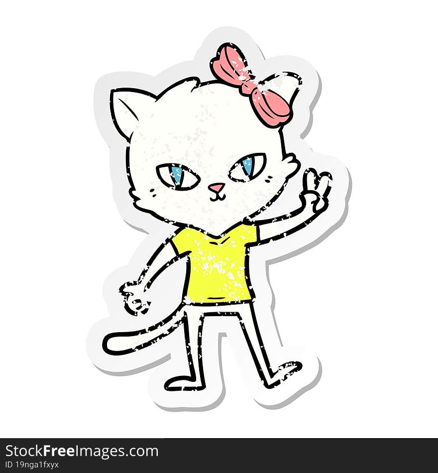 distressed sticker of a cute cartoon cat girl giving peace sign