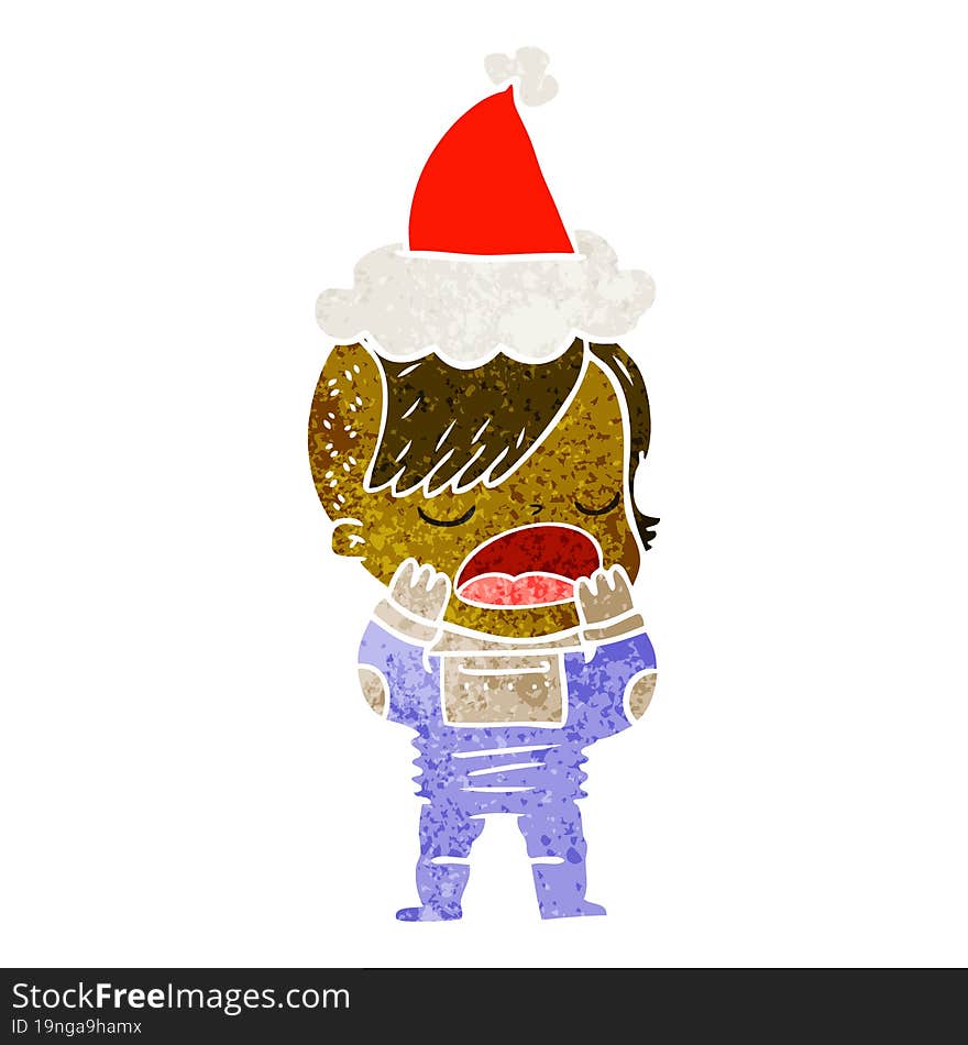 retro cartoon of a cool hipster girl in space suit wearing santa hat