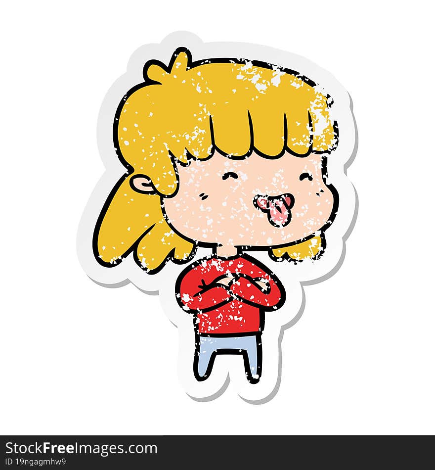 distressed sticker of a cartoon girl sticking out tongue