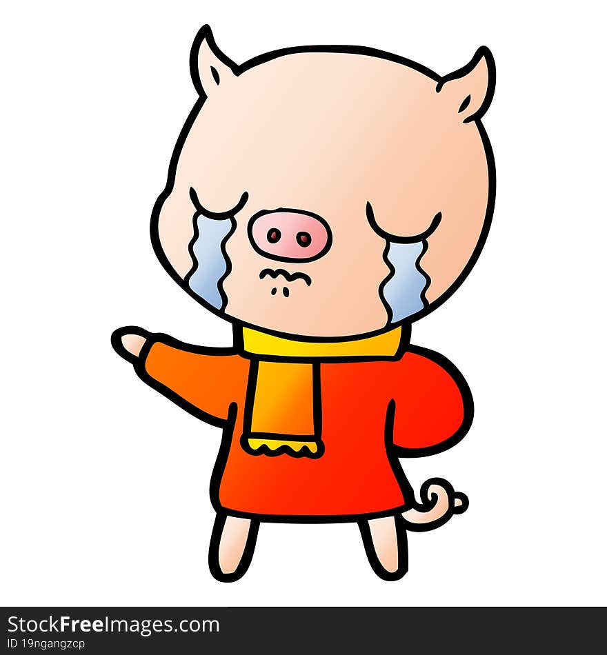 cartoon crying pig wearing scarf. cartoon crying pig wearing scarf