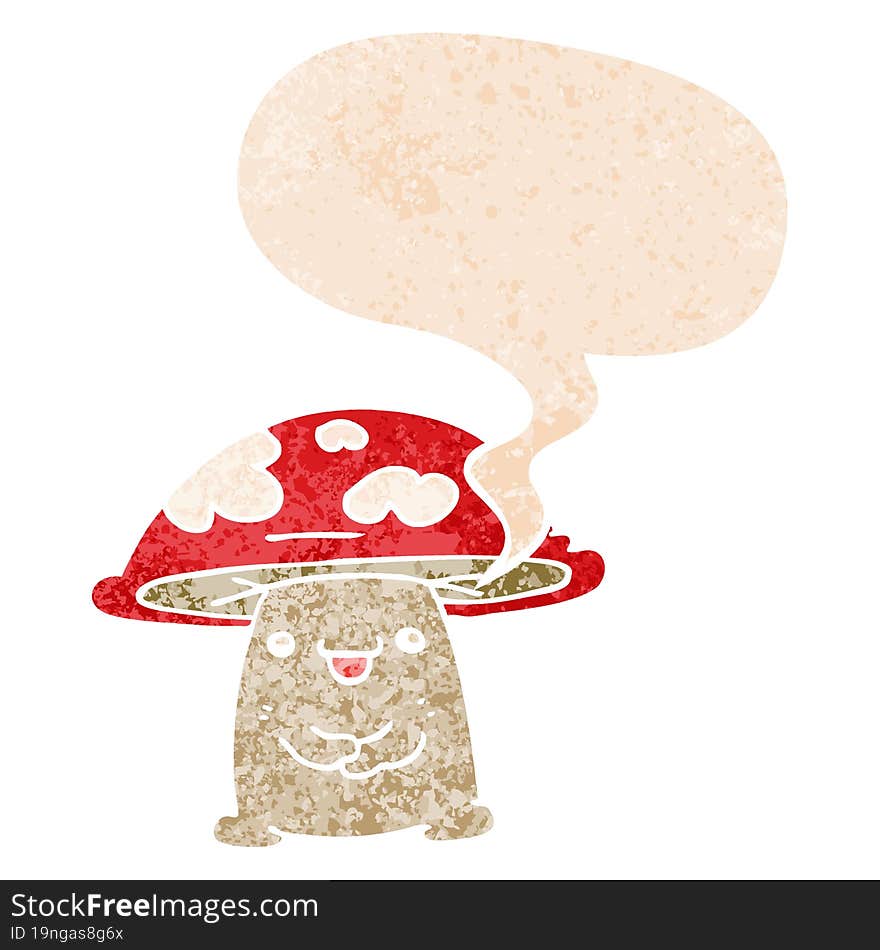 cartoon mushroom character with speech bubble in grunge distressed retro textured style. cartoon mushroom character with speech bubble in grunge distressed retro textured style