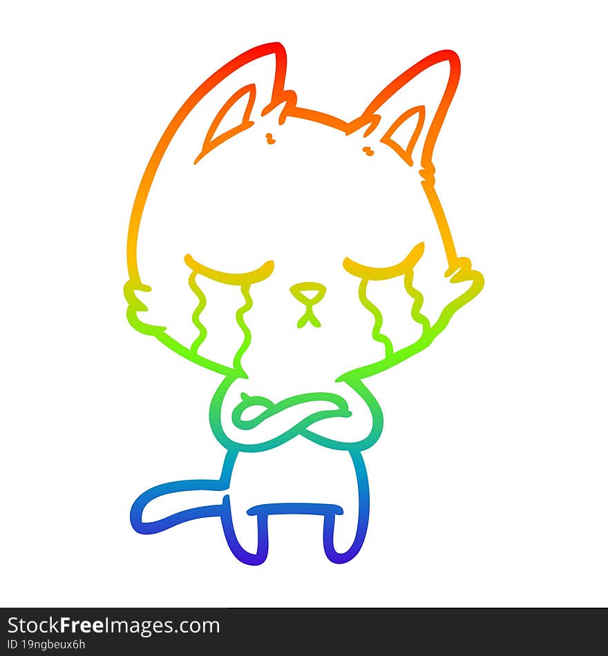 rainbow gradient line drawing crying cartoon cat with folded arms