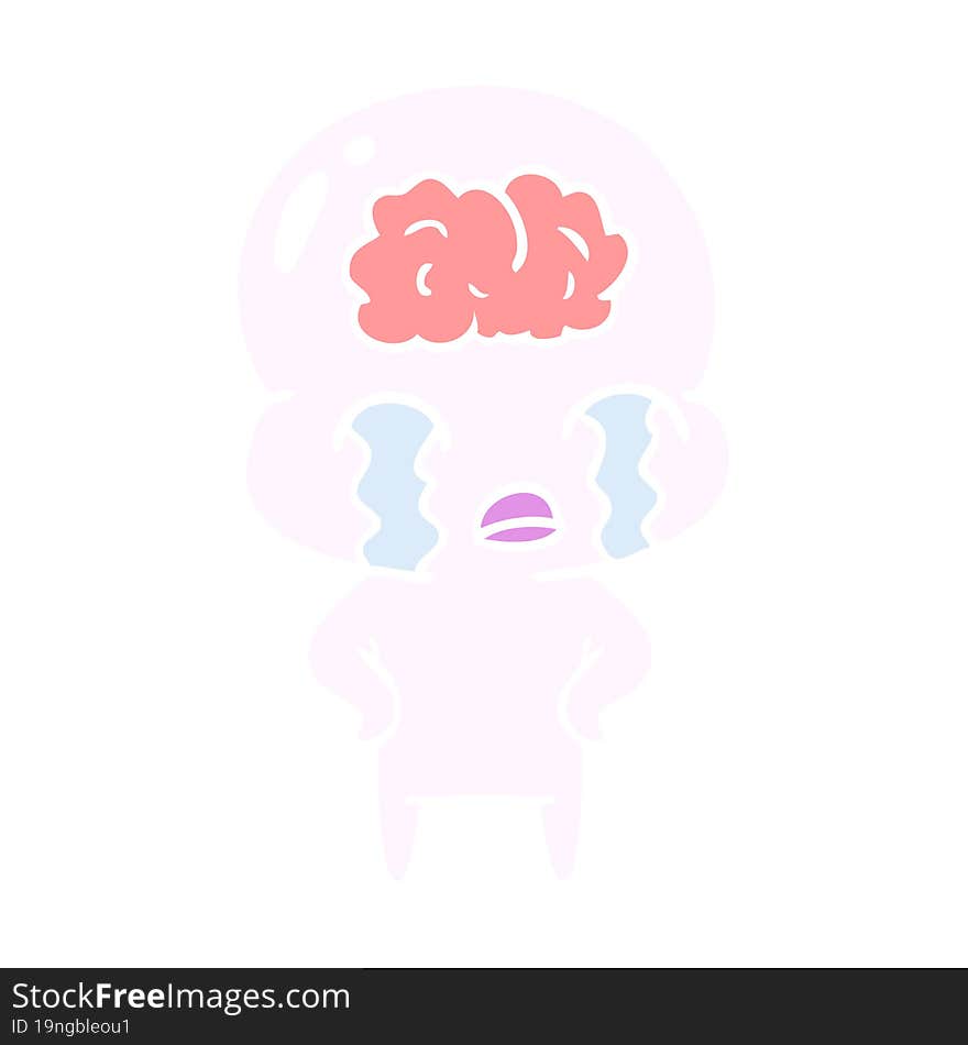 flat color style cartoon big brain alien crying