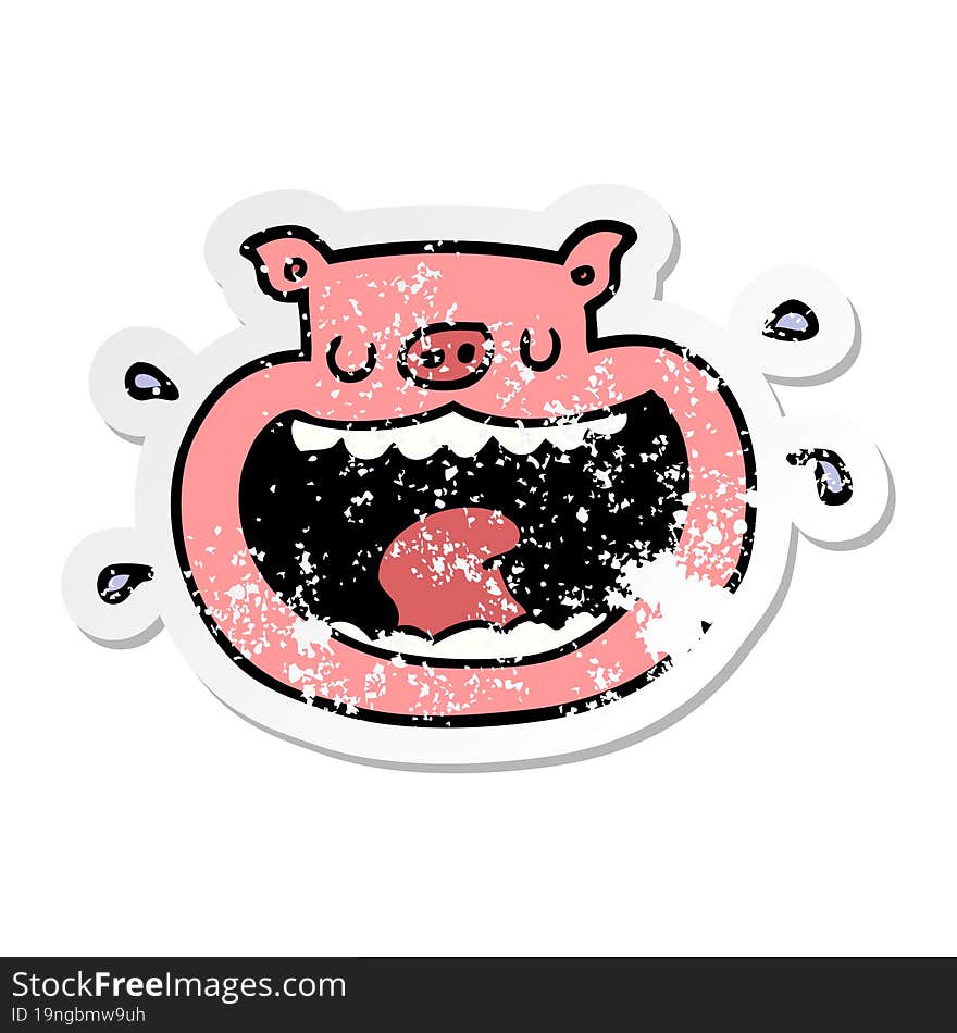 distressed sticker of a cartoon obnoxious pig