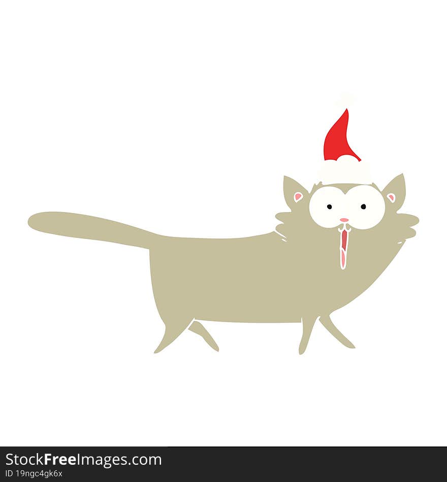 flat color illustration of a cat wearing santa hat